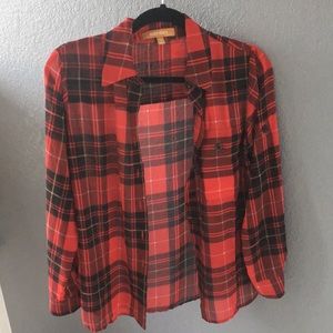 Red plaid button down shirt with black buttons